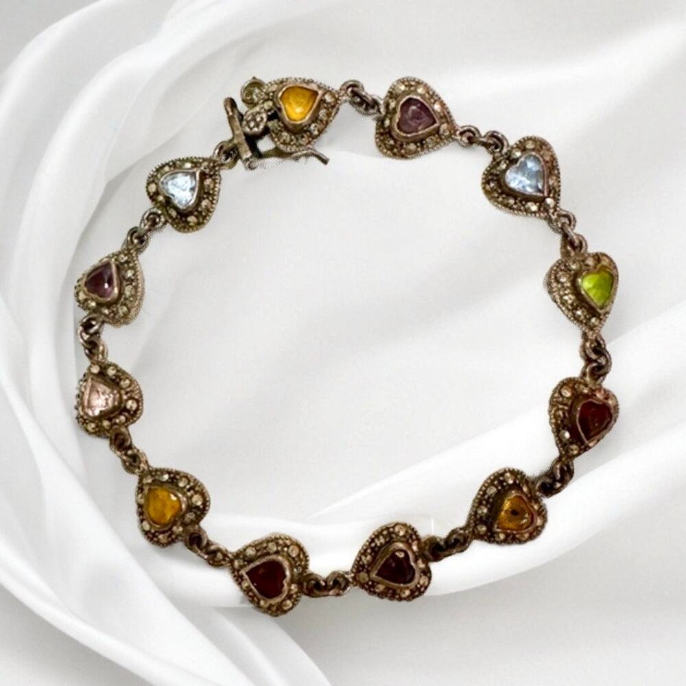 Vintage Art Deco Revival style heart link bracelet 925 Multi-gemstones 7”